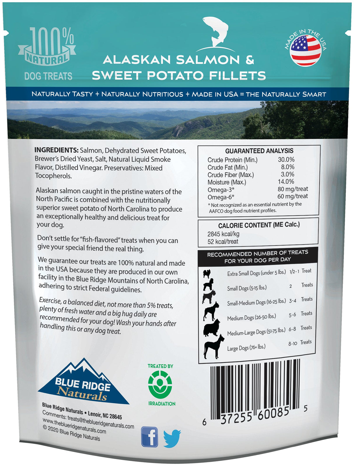 Back of Blue Ridge Naturals Salmon and Sweet Potato Fillets 12 oz dog treats package.