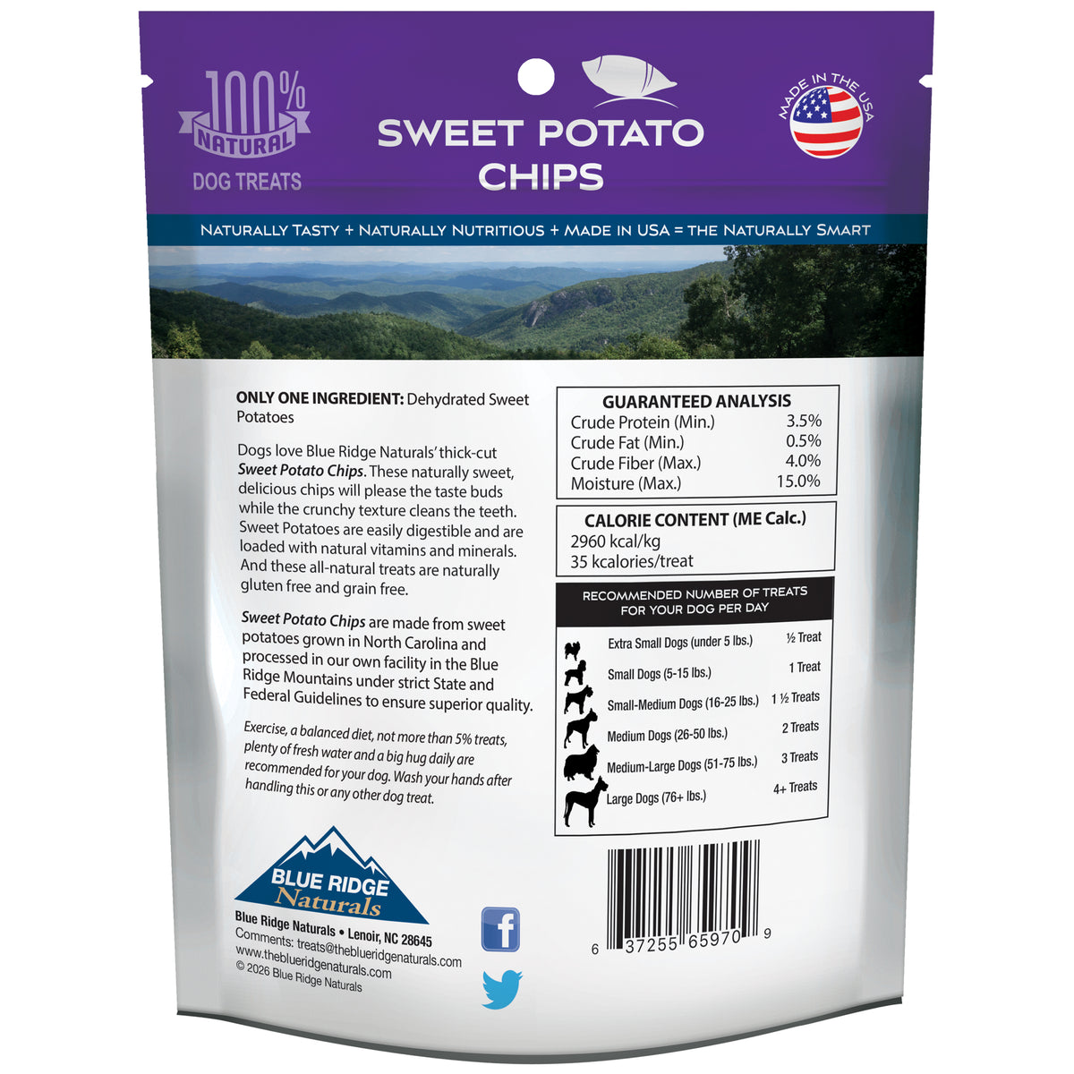 Back of Blue Ridge Naturals Sweet Potato Chips 12 oz bag with ingredients, guaranteed analysis and feeding guide
