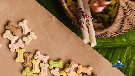 Dog treats on a table by a basket of dog bones and treats.