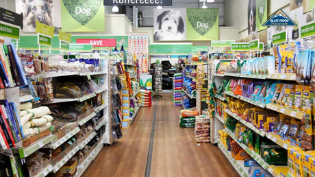 Dog treat aisle in a pet store.