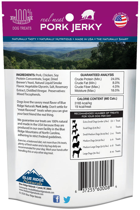 Back of Blue Ridge Naturals Pork Jerky treats Dog Treats.