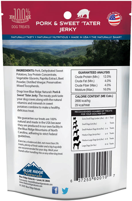 Back of Blue Ridge Naturals Pork & Sweet 'Tater Jerky treats package.