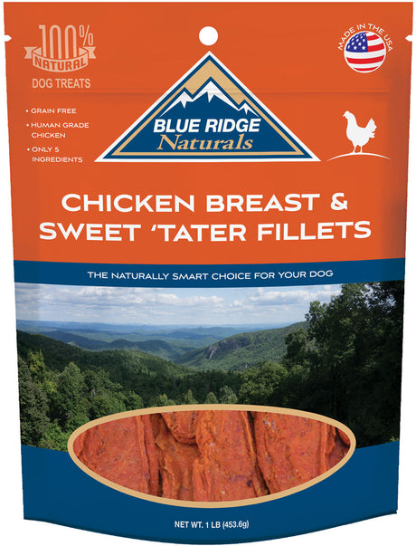 Front of Blue Ridge Naturals Chicken Breast & Sweet Tater Fillets dog treats package.