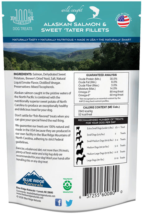 Back of Blue Ridge Naturals Salmon and Sweet Potato Fillets dog treats package.