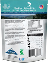 Back of Blue Ridge Naturals Salmon and Sweet Potato Fillets 12 oz dog treats package.