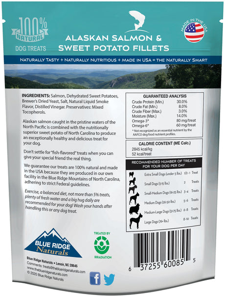 Back of Blue Ridge Naturals Salmon and Sweet Potato Fillets 12 oz dog treats package.