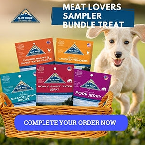 Tiny dog with basket of Meat Lovers bundle treats.