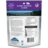 Back of Blue Ridge Naturals Sweet Potato Chips 12 oz bag with ingredients, guaranteed analysis and feeding guide