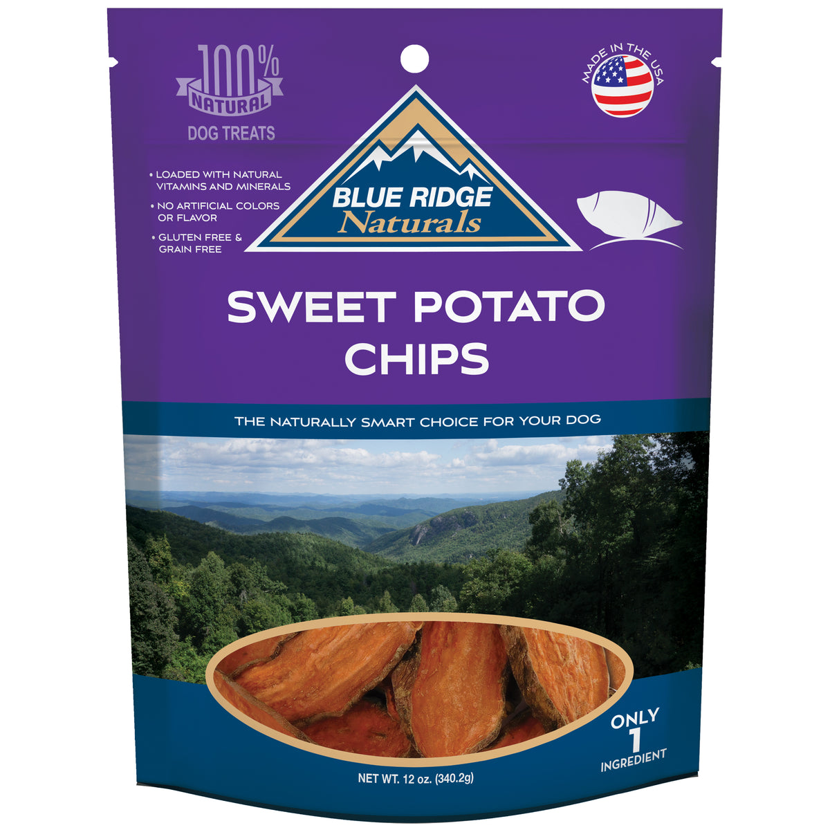 Front of Blue Ridge Naturals Sweet Potato Chips dog treats, 12 oz bag