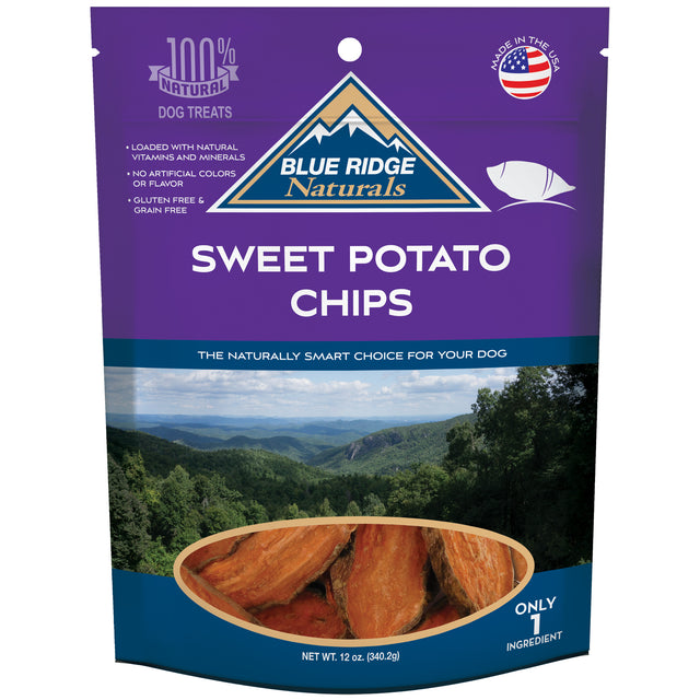 Front of Blue Ridge Naturals Sweet Potato Chips dog treats, 12 oz bag