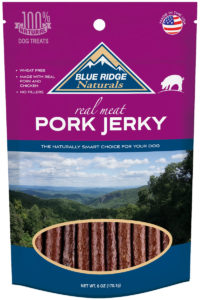 Front of Blue Ridge Naturals Pork Jerky treats Dog Treats.