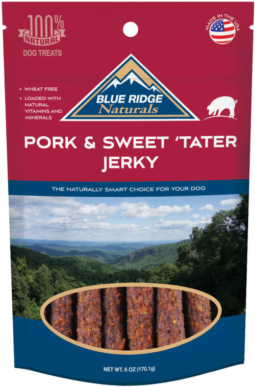 Front of Blue Ridge Naturals Pork & Sweet 'Tater Jerky treats Dog Treats.