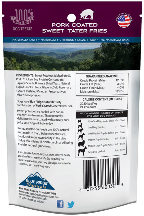 Back of Blue Ridge Naturals Pork Coated Sweet 'Tater Fries package.