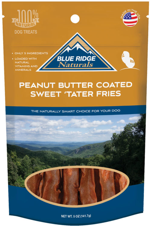Front of Blue Ridge Naturals Peanut Butter Coated Sweet Potato Fries dog treats package.
