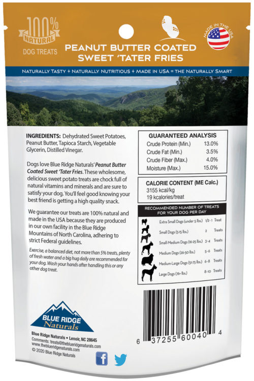 Back of Blue Ridge Naturals Peanut Butter Coated Sweet Potato Fries dog treats package.