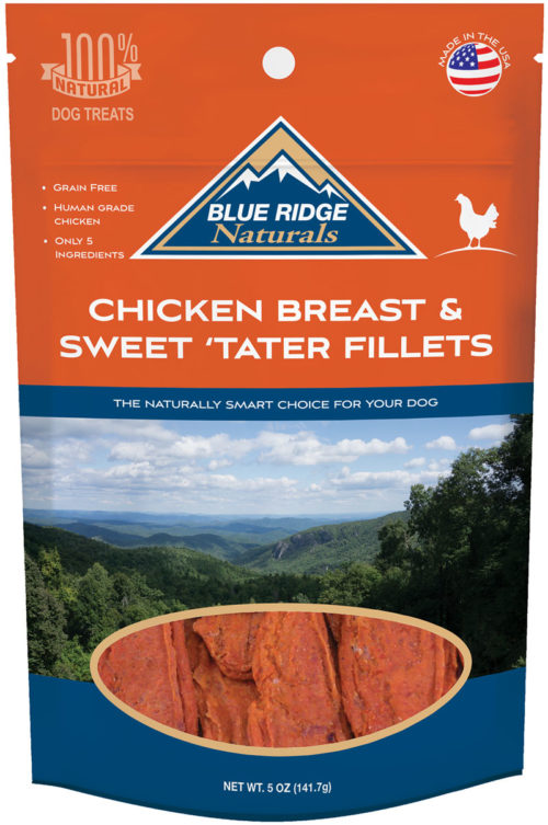 Front of Blue Ridge Naturals Chicken Breast & Sweet Tater Fillets dog treats package.