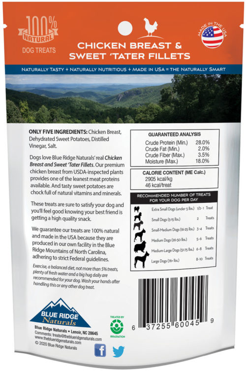Back of Blue Ridge Naturals Chicken Breast and Sweet Potato Fillets package.