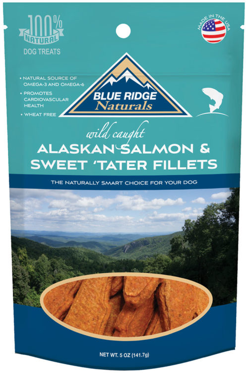 Front of Blue Ridge Naturals Salmon and Sweet Potato Fillets dog treats.