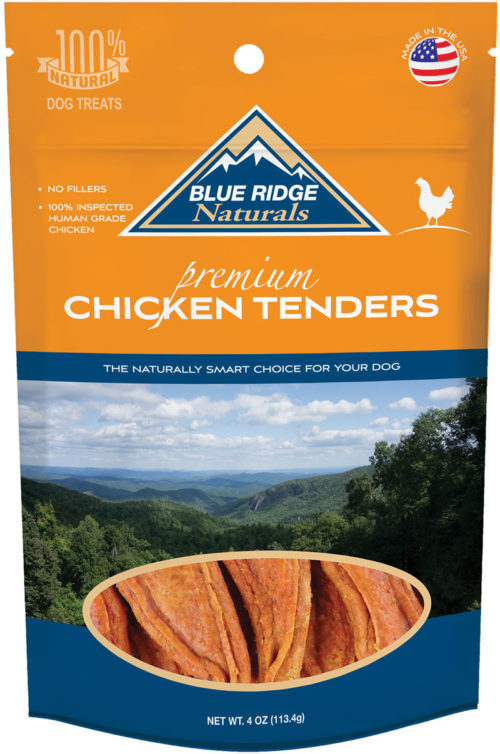Front of Blue Ridge Naturals Chicken Tenders dog treats package.