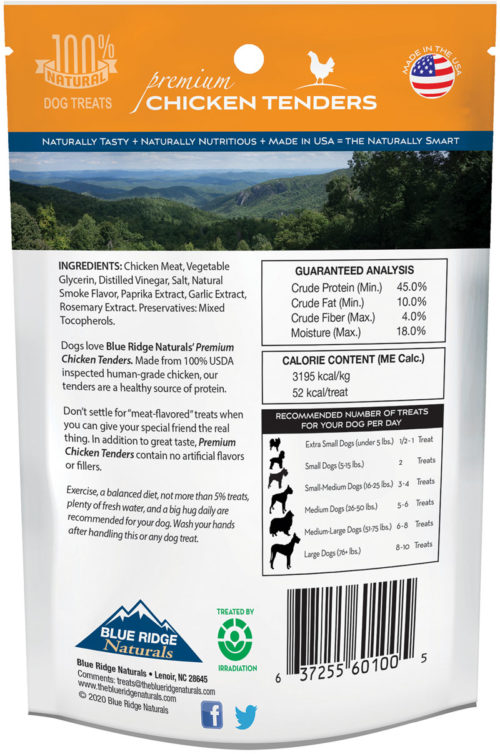 Back of Blue Ridge Naturals Chicken Tenders dog treats package.