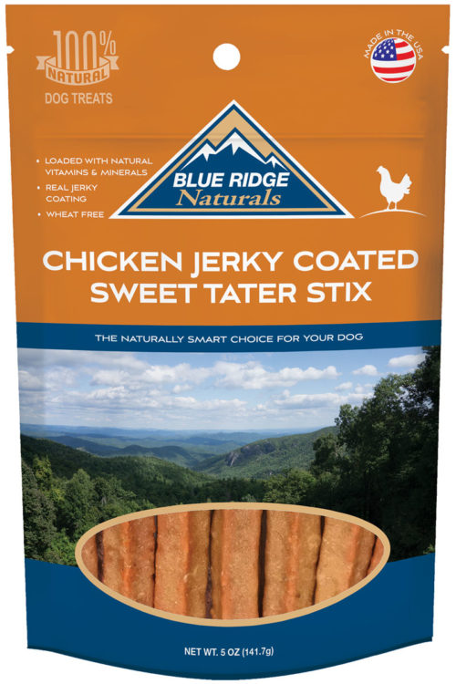 Front of Blue Ridge Naturals' Chicken Jerky Coated Sweet Tater Stix dog treats