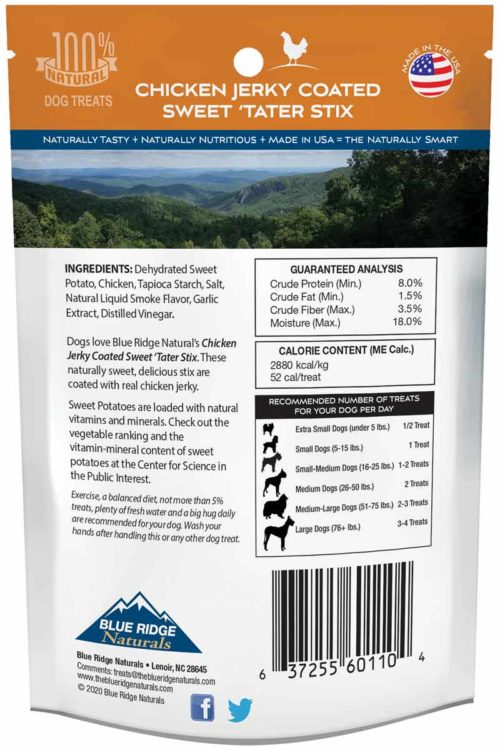 Back of Blue Ridge Naturals' Chicken Coated Sweet Potato Stix - 5 oz for dogs