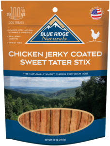 Front of Blue Ridge Naturals' Chicken Jerky Coated Sweet tater Stix dog treats