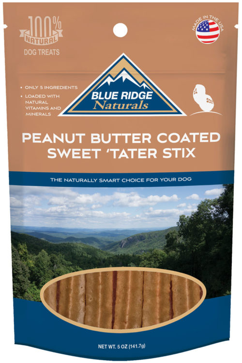 Front of Blue Ridge Naturals' Peanut Butter Coated Sweet Tater Stix dog treats