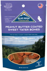 Front of Blue Ridge Naturals Peanut Butter Coated Sweet Potato Bones treats 5 oz package.