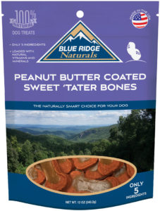 Front of Blue Ridge Naturals Peanut Butter Coated Sweet Potato Bones Dog treats.