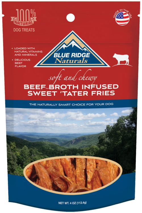 Front of Blue Ridge Naturals Beef Broth Infused Sweet Potato Fries dog treats.