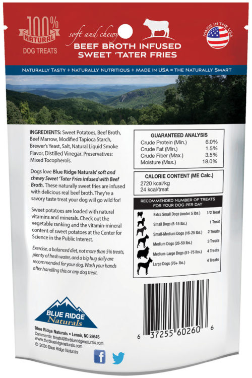 Back of Blue Ridge Naturals Beef Broth Infused Sweet Potato Fries dog treats package.