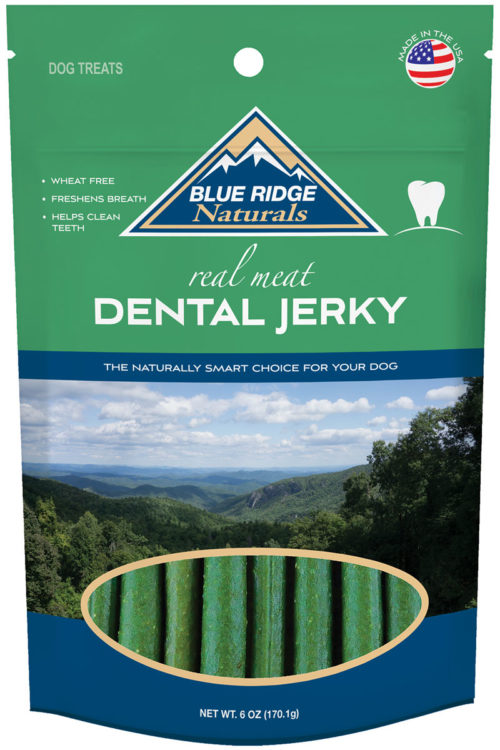 Front of Blue Ridge Naturals Dental Jerky dog treats package.