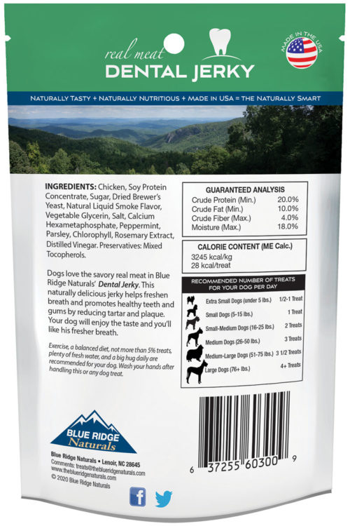 Back of Blue Ridge Naturals Dental Jerky dog treats package.