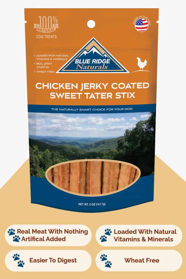 Front of Blue Ridge Naturals Chicken Coated Sweet Potato Stix dog treats
