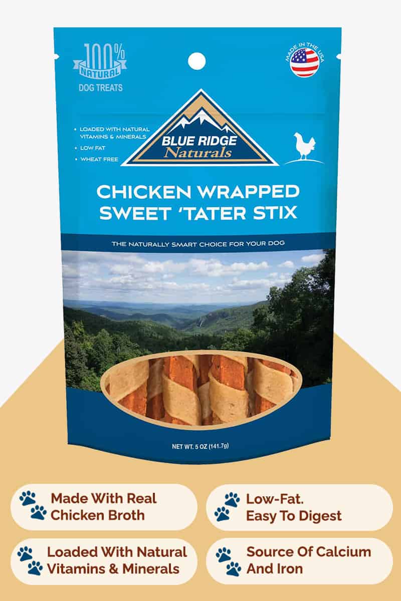 Front of Blue Ridge Naturals Chicken Wrapped Sweet Potato Stix dog treats