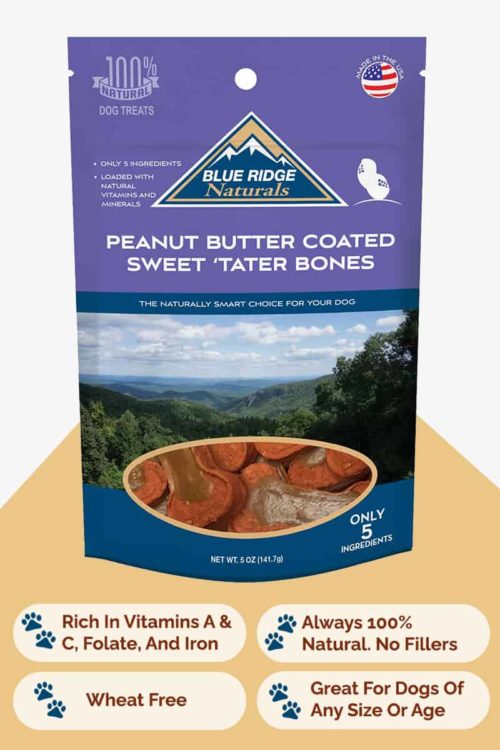 Front of Blue Ridge Naturals Peanut Butter Coated Sweet Potato Bones dog treats