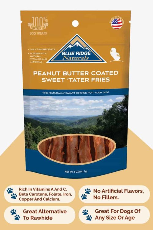 Front of Blue Ridge Naturals Peanut Butter Coated Sweet Potato Fries dog treats