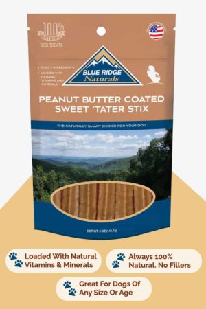 Front of Blue Ridge Naturals Peanut Butter Coated Sweet Potato Stix dog treats
