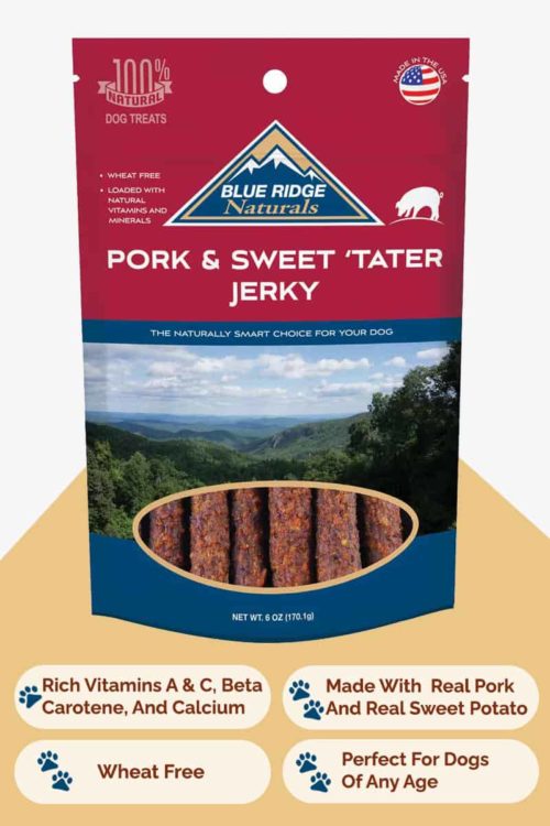 Front of Blue Ridge Naturals Pork and Sweet Potato Jerky dog treats