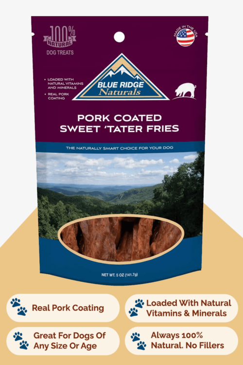 Front of Blue Ridge Naturals Pork Coated Sweet Potato Fries dog treats